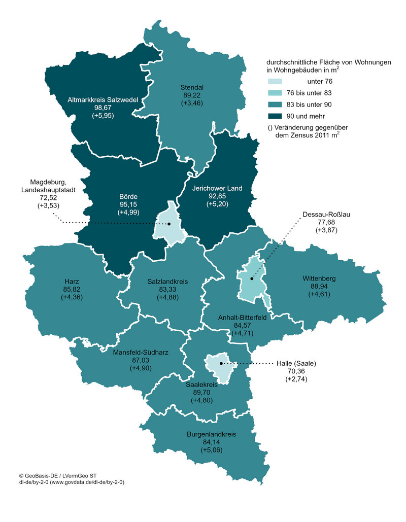 Durchschnittliche Wohnfläche in Sachsen-Anhalt je Landkreis im m² 