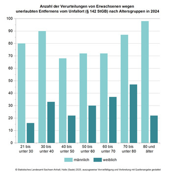 Säulendiagramm Anteil der Verurteilten von Erwachsenen wegen unerlsubten Entferens vom Unfallort (§ 142 STGB) nach Altersgruppen 2024