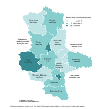 Karte Anzahl der Einkommensmillionärinnen und -millionäre in Sachsen-Anhalt 2022 nach kreisfreien Städten und Landkreisen
