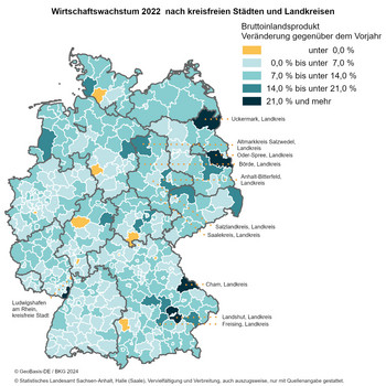 Deutschland-Flächenkarte mit dem Wirtschaftswachstum 2022 nach kreisfreien Städten und Landkreisen