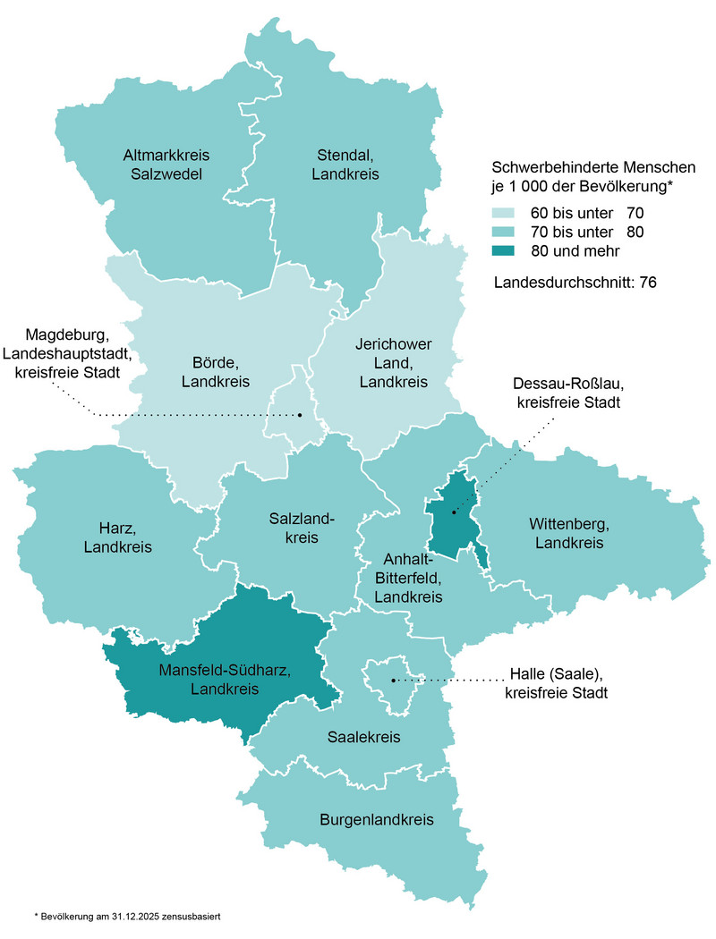 Schwerbehinderte Menschen je 1000 der Bevölkerung in den kreisfreien Städten und Landkreisen Sachsen-Anhalts am 31.12.2025