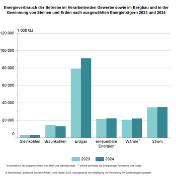 Säulendiagramm Energieverbrauch der Betriebe im Verarbeitenden Gewerbe sowie im Bergbau und in der Gewinnung von Steinen und Erden nach ausgewählten Energieträgern 2023 und 2024