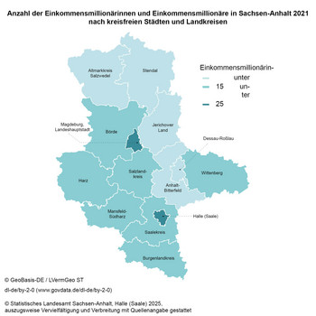 Sachsen-Anhalt-Karte der Einkommensmillionäreinnen und Einkommensmillionäre in Sachsen-Anhalt 2021 nach kreisfreien Städten und Landkreisen