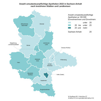 Karte Sachsen-Anhalt Anzahl umsatzsteuerpflichtige Apotheken 2023 in Sachsen-Anhalt nach kreisfreien Städten und Landkreisen