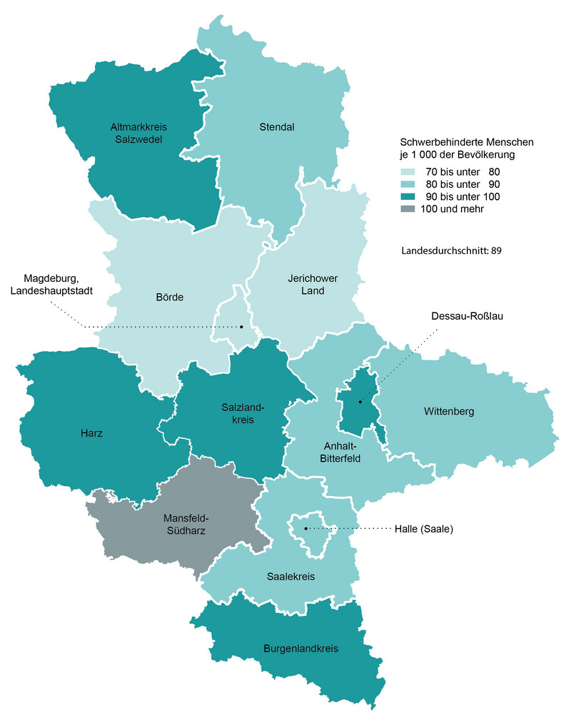 Schwerbehinderte Menschen je 1000 der Bevölkerung in den kreisfreien Städten und Landkreisen Sachsen-Anhalts am 31.12.2021